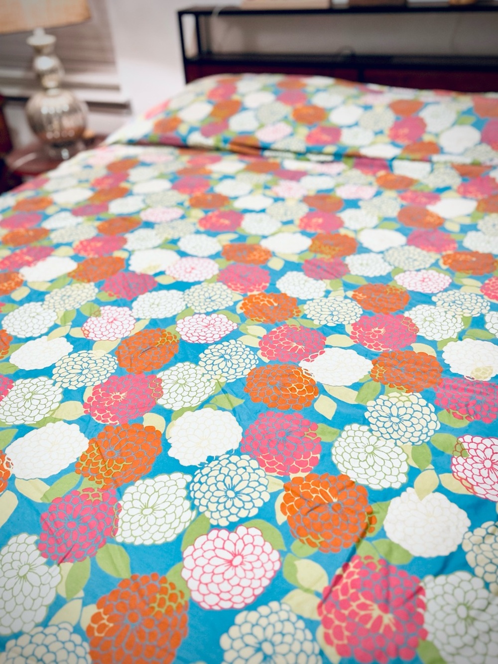 Beautiful Zinnia Floral Print Duvet Cover King 100% cotton teal Farmhouse Dreamy - Picture 2 of 7